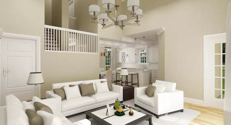 living room looking toward stairwell and kitchen